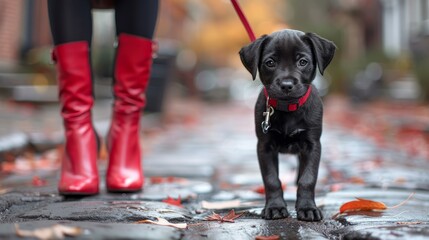 A small black puppy explores a cobblestone path covered in colorful autumn leaves, as its owner stylishly strolls beside in red boots