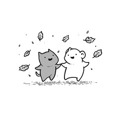 Cartoon cat and bear holding hands amidst falling leaves in a whimsical black and white illustration vector illustration