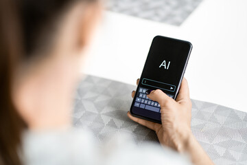 AI generate content with prompt or search in phone. Write text with chat app or chatbot. Woman...