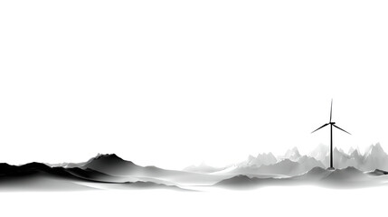 Black and White Minimalist Landscape with Single Wind Turbine Silhouette on Ridge


