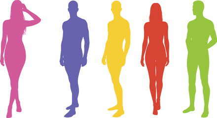 Colorful human silhouettes in different poses representing diversity, individuality, fashion, creativity, modern lifestyle, abstract design, unity, expression, artistic illustration