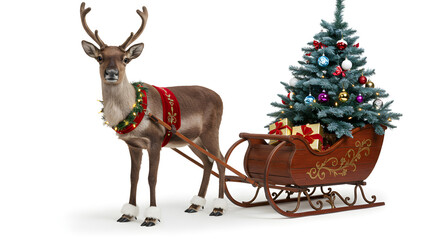 Reindeer pulling santas sleigh with christmas tree isolated on white background