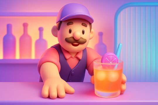 Cartoon bartender character with mustache serving colorful cocktail drink in modern bar setting with vibrant lighting and background elements. Ai generative