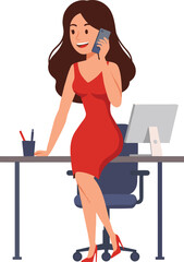 Businesswoman in red dress sitting on office desk, talking on smartphone, workplace communication, multitasking, corporate lifestyle, professional confidence