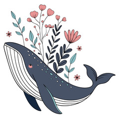 Whale in Bloom A whimsical illustration of a whale adorned with delicate floral elements