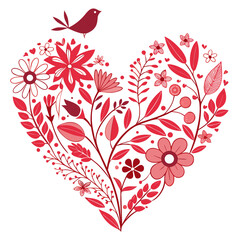 Elegant vector illustration of a heart made from intricate red and pink flowers and leaves, with a small bird symbolizing love and nature's harmony