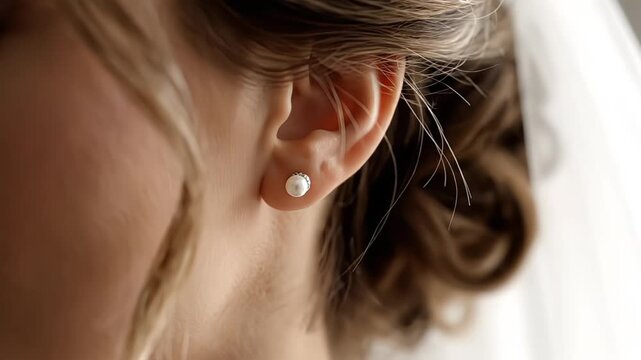 Close up of a bride's ear with a pearl earring and soft focus on her hair style