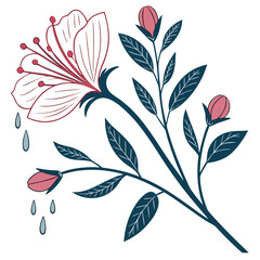 Abstract illustration of a blooming flower with falling water droplets, a delicate and vibrant botanical design for creative projects