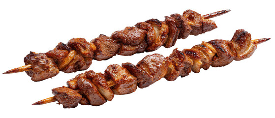 Two skewers of grilled meat, possibly liver, with a dark brown, crispy exterior