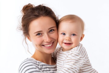 Mother and child joyful family against a white backdrop