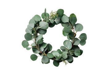 A circular wreath made of eucalyptus leaves