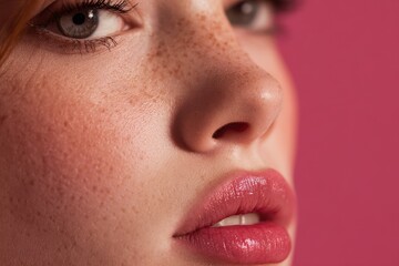 Naklejka premium New beauty portrait of a young woman with a pink backdrop