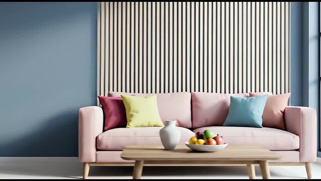 Stylish Modern wooden living room has an armchair on empty dark blue wall background.