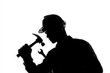 Outline of a man with a hammer and wrench on a light backdrop