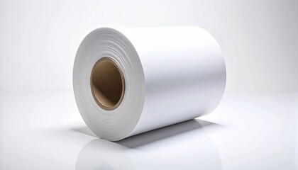 A large white paper roll with a brown cardboard core lies partially unrolled on a flat white surface
