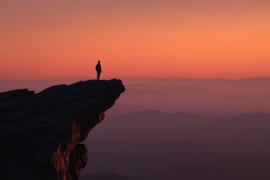 Outline of a figure atop a tall cliff at dusk