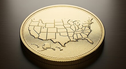 Detailed Golden United States Map on a Coin Symbolizing Wealth