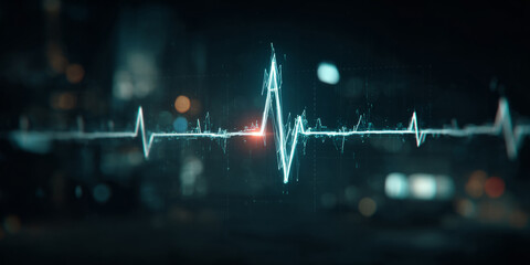 Digital heartbeat pulse waveform in futuristic city