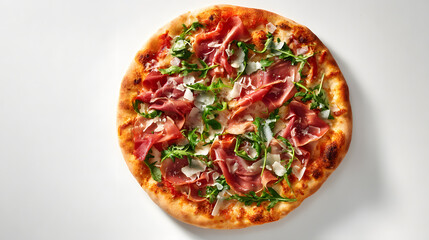 Delicious Flat Pizza Topped with Prosciutto, Arugula, and Cheese on a White Background