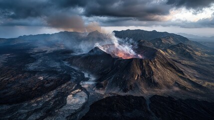 Fototapeta premium Aerial drone shot of a volcanic landscape steaming craters and black lava fields under a moody sky
