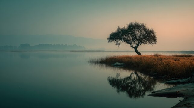 Minimalist lake landscape at daybreak smooth water blending with hazy skies a single silhouetted tree beautiful morning simplicity