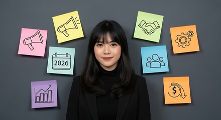 Stylish Asian Woman Surrounded By Business Strategy Sticky Notes Diagram
