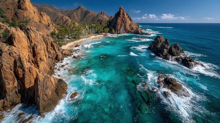 Drone shot of a rugged coastline with turquoise waters scenic landscape with sharp rock formations and white foam