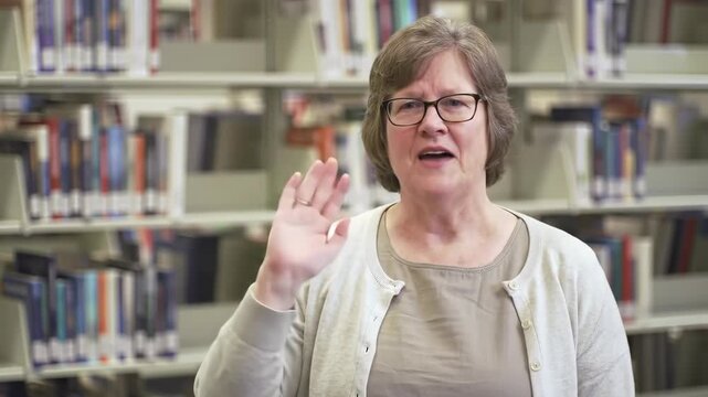 Woman in glasses stands in front of library bookshelves.