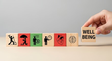 Conceptual Wooden Block Arrangement Displaying Elements of Well Being and Human Health