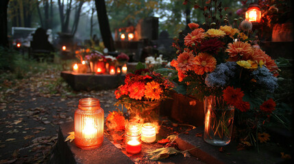Candlelit Cemetery with Flowers on All Saints’ Day
