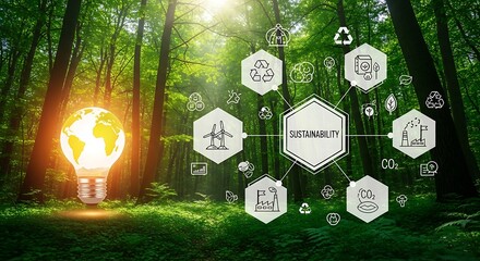 Conceptual Illustrative Sustainability Energy Globe and Eco Icons in Forest Scenery
