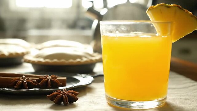 fresh juice pineapple - A warm, inviting kitchen scene with freshly baked pies cooling beside a glass of golden orange drink, garnished with cinnamon and star anise, steam rising softly