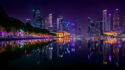 Obraz premium Vibrant Night Scene of Singapore's Skyline with Cinematic Reflections and Festival Lights