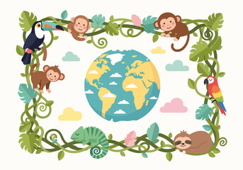 Earth day celebration with colorful toucan, monkeys, parrot, chameleon and sloth. Earth day concept including exotic animals surrounding globe with green foliage.