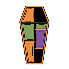 Obraz premium Halloween coffin illustration with colorful panels against clean white backdrop. Halloween coffin design shows orange, black, green, and purple colored sections.