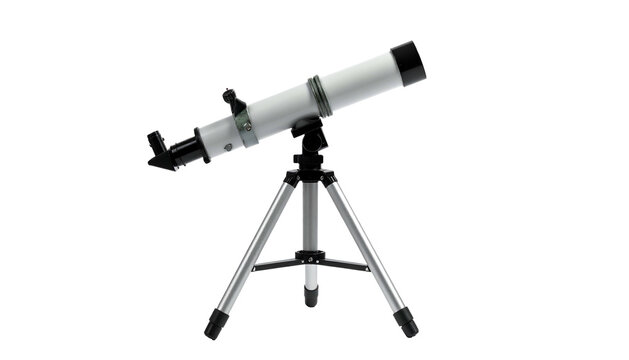 White refractor telescope on tripod isolated on black background