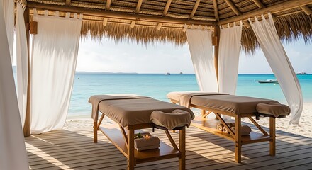 Serene and Relaxing Spa Treatment Table Setup at Tropical Beach Resort
