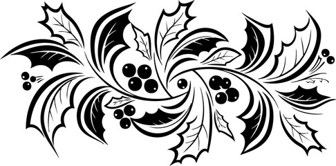 Elegant black and white holly berry flourish design for festive seasonal decorations and elegant holiday crafting projects © Artesian Edge