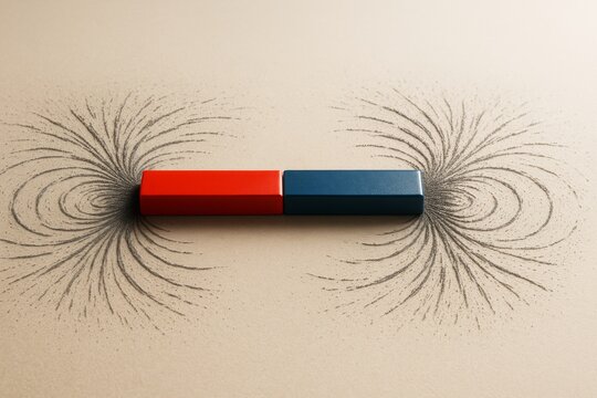 Magnet with iron filings visualizing magnetic field lines on light background, concept of physics and force in abstract symmetrical form. Ai generative