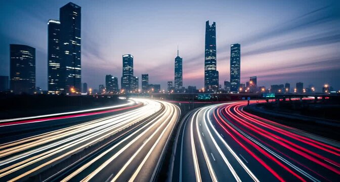 A sprawling metropolis at twilight, with illuminated skyscrapers and light trails on a multilane highway, conveying a sense of constant motion animated 4k video