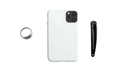 White phone case, ring holder, and clip on a black background