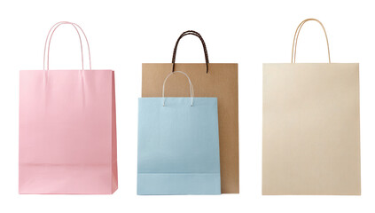 Three blank, rectangular shopping bags in pink, light blue, and beige.  Each has simple, thin handles