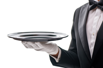 A waiter in formal wear holds a polished, empty silver platter