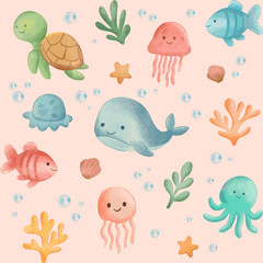 Seamless Pattern Ocean Underwater Cute Theme
