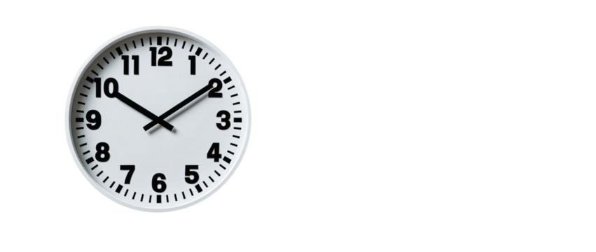 White clock face with black numbers and hands