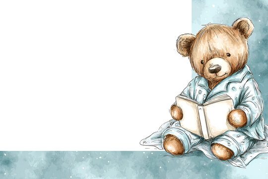 Watercolor postcard with a teddy bear in blue pajamas reading a book

