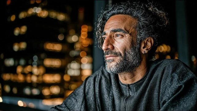 Portrait of a person with beard looking out over cityscape at night