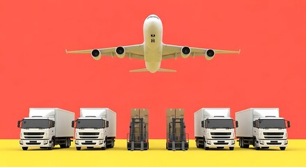 3D Rendering Cargo Airplane Flies Over Trucks and Forklifts for Logistics