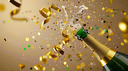 Celebration background with golden champagne bottle, confetti stars and party streamers. Christmas, birthday or wedding concept. Flat lay.