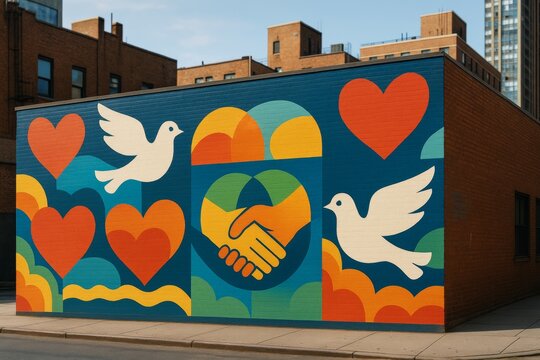 Colorful mural with doves, hearts, and handshake on urban brick wall under daylight, symbolizing peace and unity with a creative background style. Ai generative